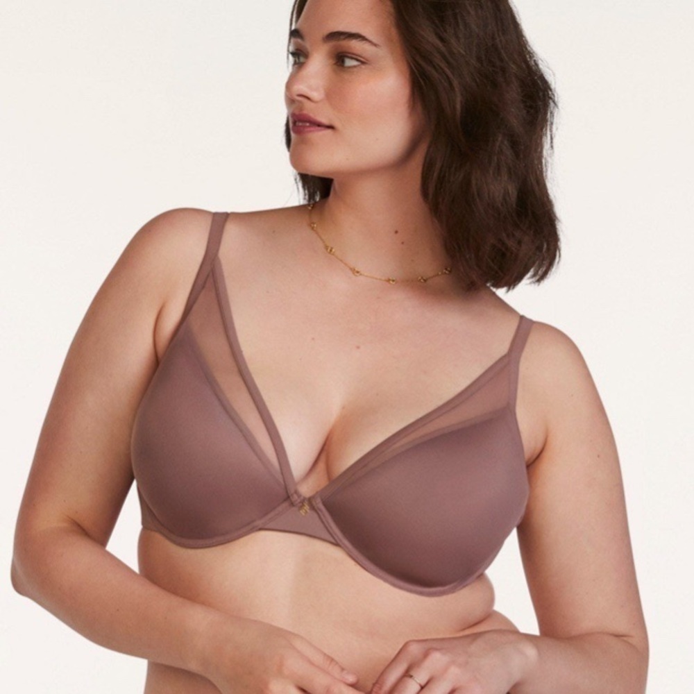 ThirdLove 24/7‎ Classic Contour Plunge Bra 32D taupe brown nude push-up padded
